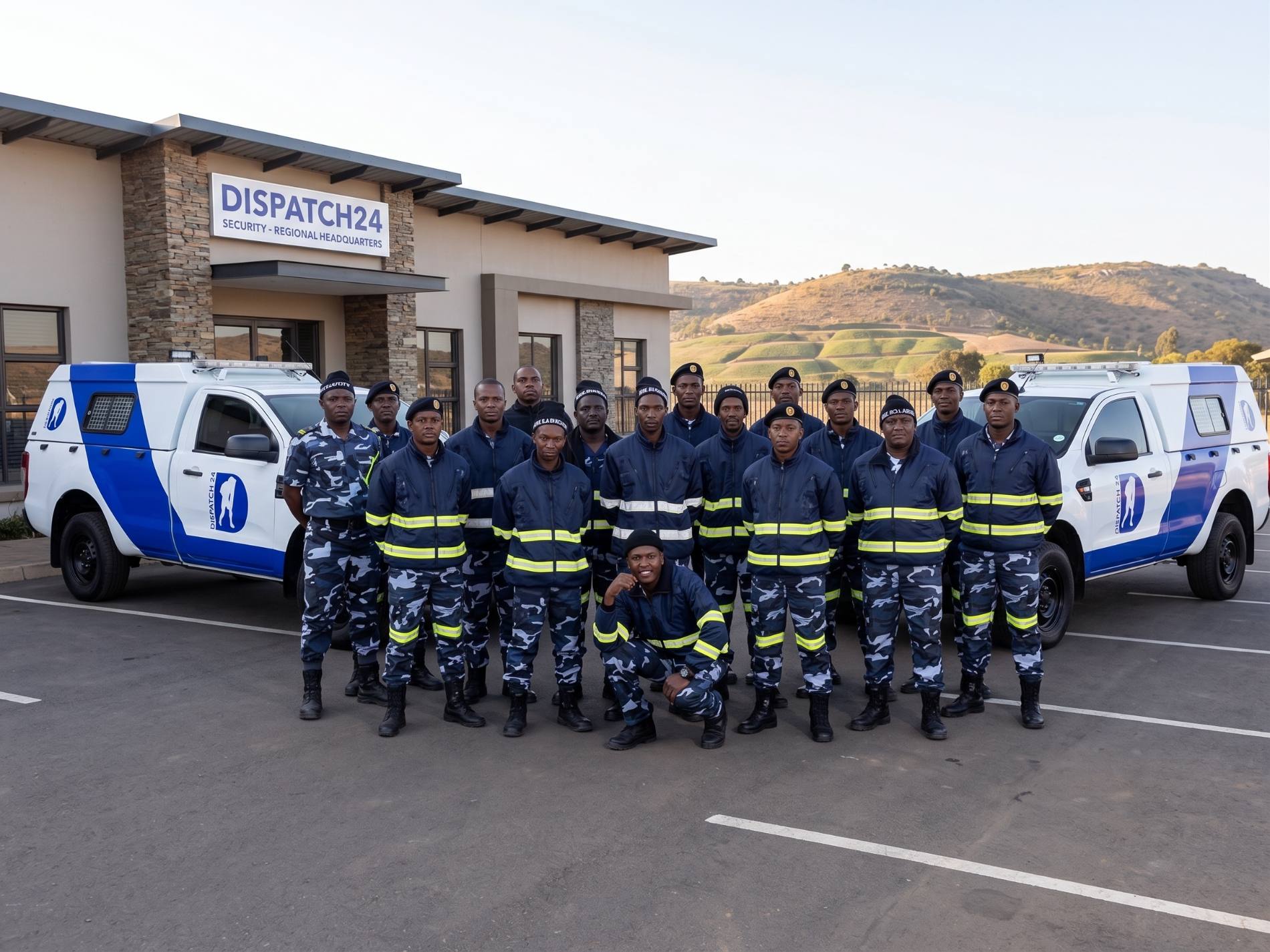 Officers and vehicles outside the regional headquarters