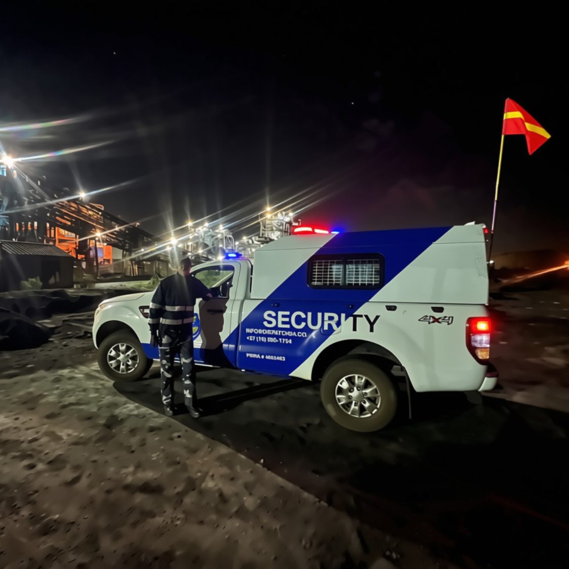 Officer at the vehicle door with mine plant floodlit behind